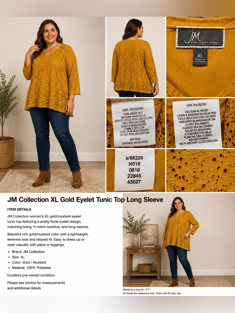 JM Collection XL Gold Mustard Eyelet Lace Tunic Top Long Sleeve